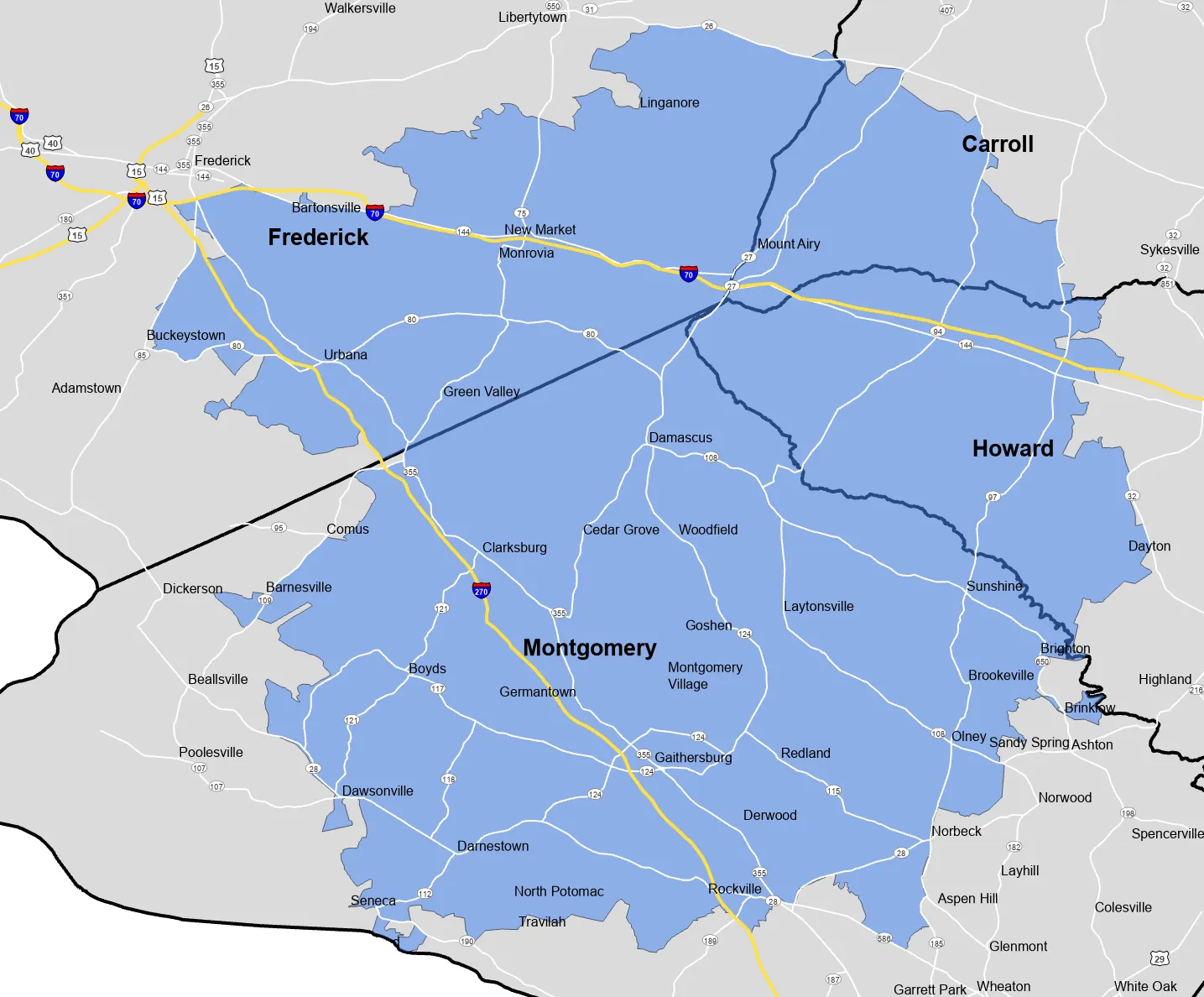 Service Area Map - Covering Montgomery, Frederick, Howard, and Carroll Counties